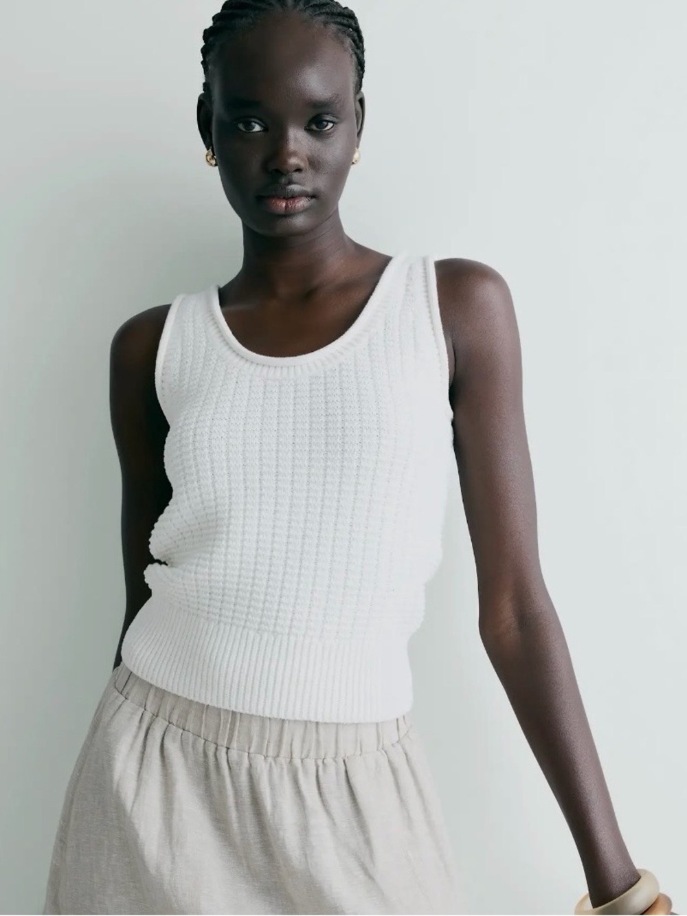 Cotton Waffle Cropped Sweater Tank in Ivory. Great layering piece.